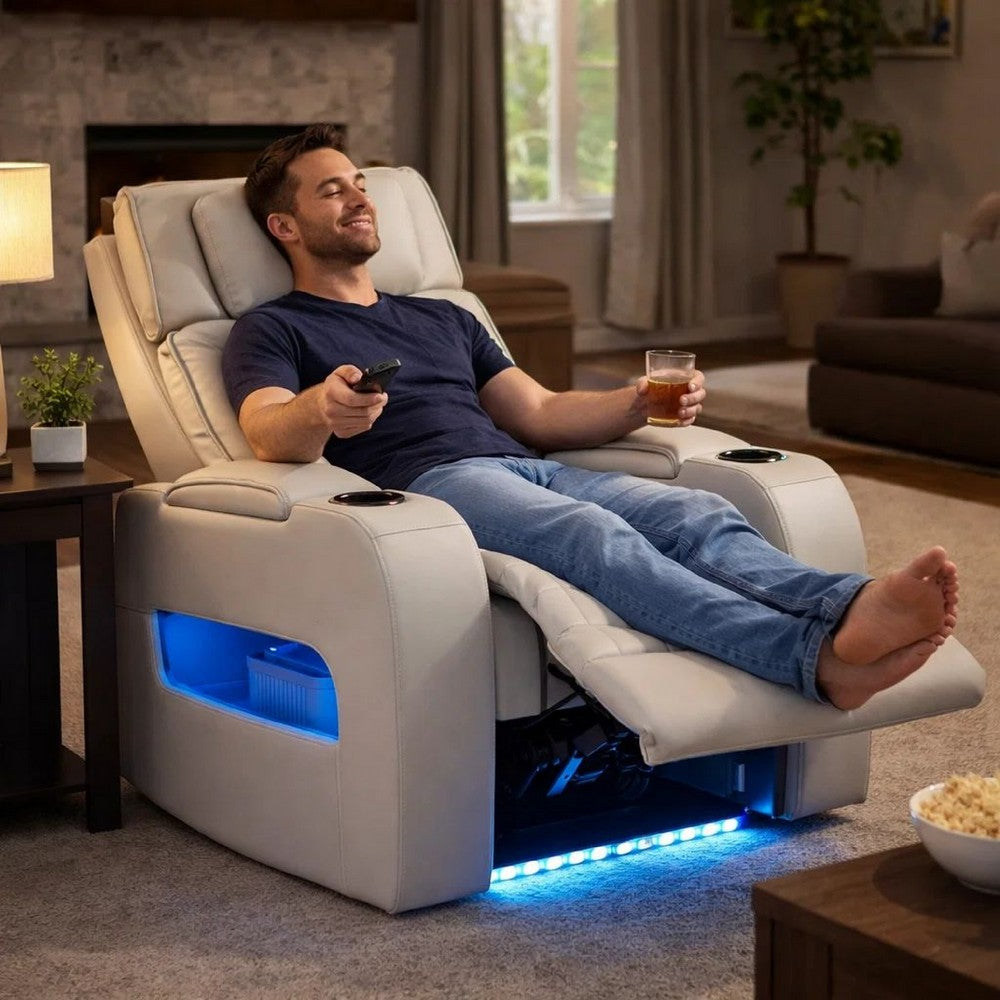 Jasi Power Reclining Chair | LED | Storage | USB Ports | Gray Leather Aire