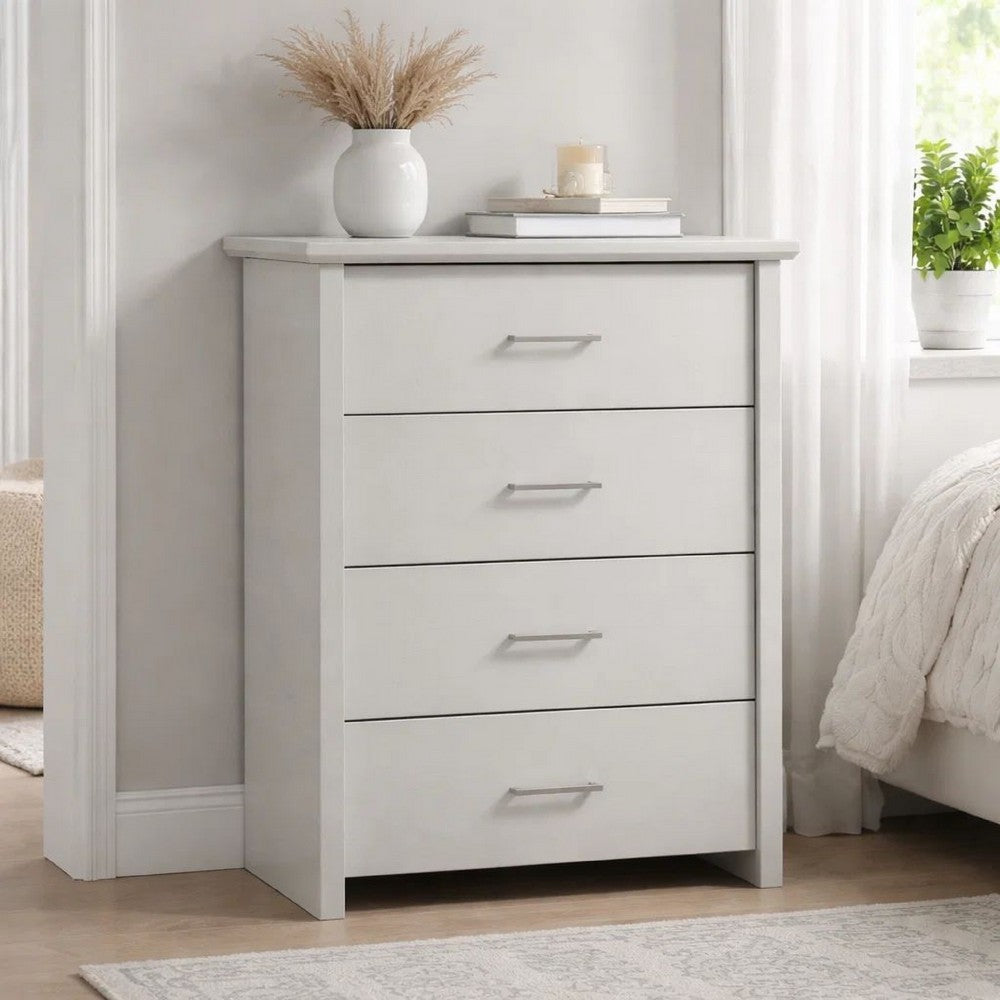 Kele Tall Dresser Chest | 4 Drawers Silver Handles | White Faux Laminate