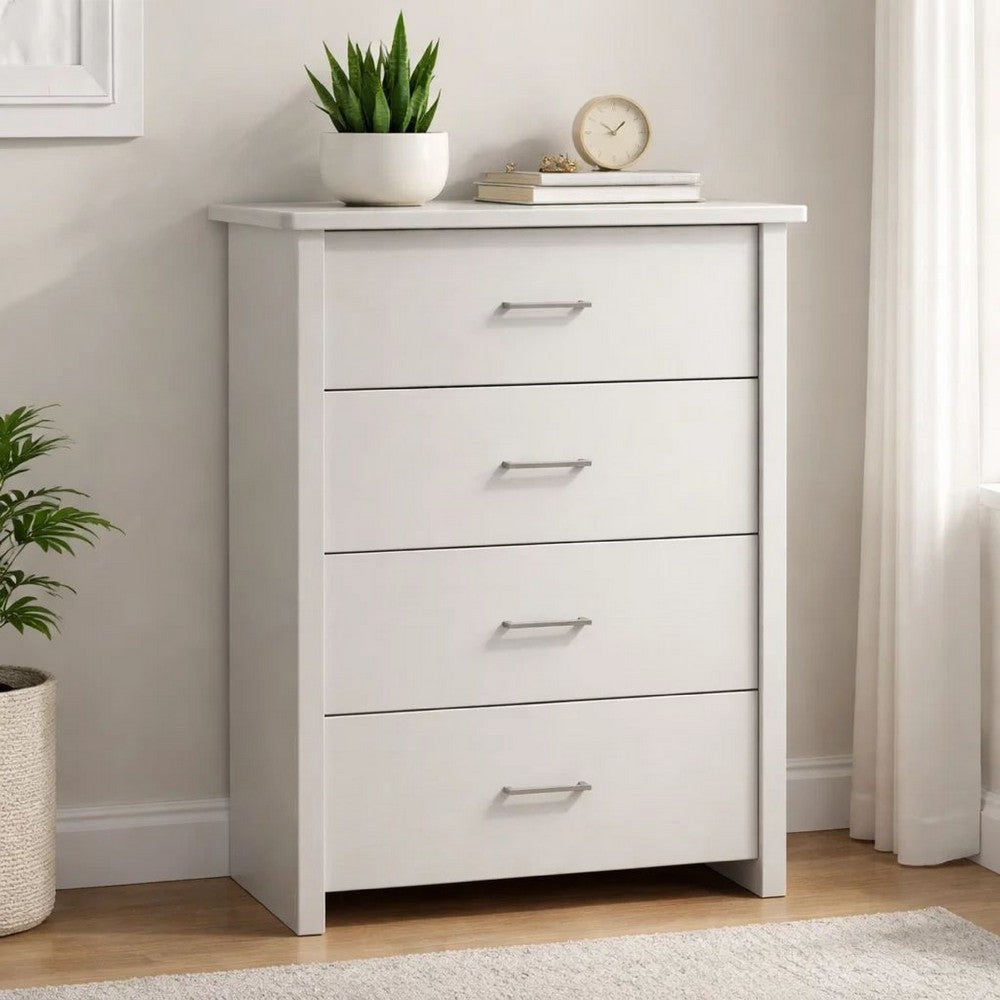 Kele Tall Dresser Chest | 4 Drawers Silver Handles | White Faux Laminate