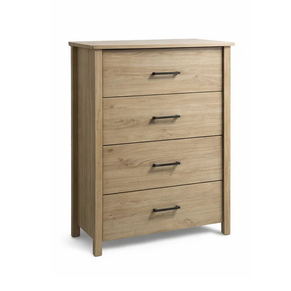 Kele Tall 4 Drawer Dresser Chest | Black Handles | Light Oak Brown Wood