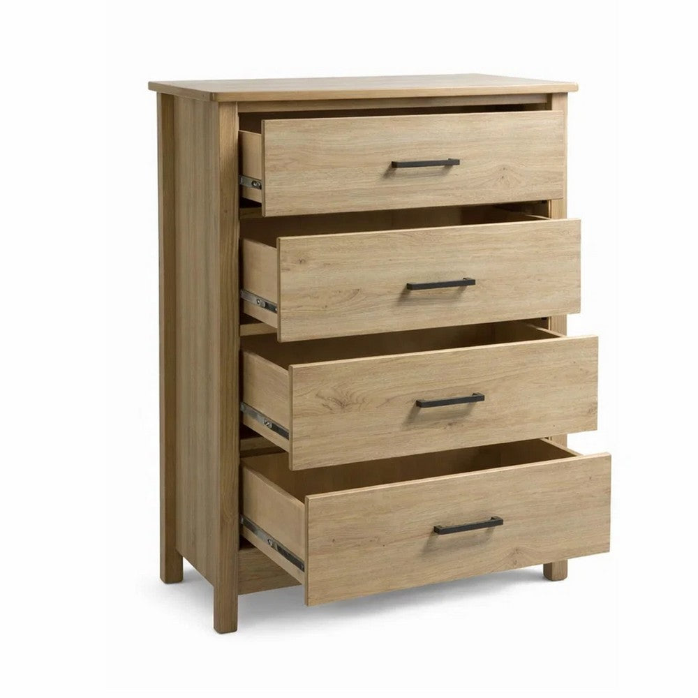 Kele Tall 4 Drawer Dresser Chest | Black Handles | Light Oak Brown Wood