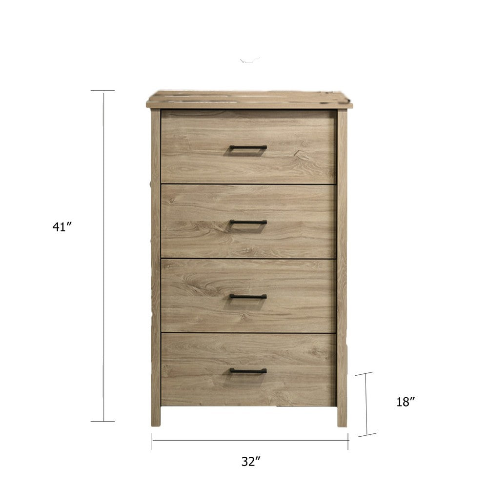 Kele Tall 4 Drawer Dresser Chest | Black Handles | Light Oak Brown Wood