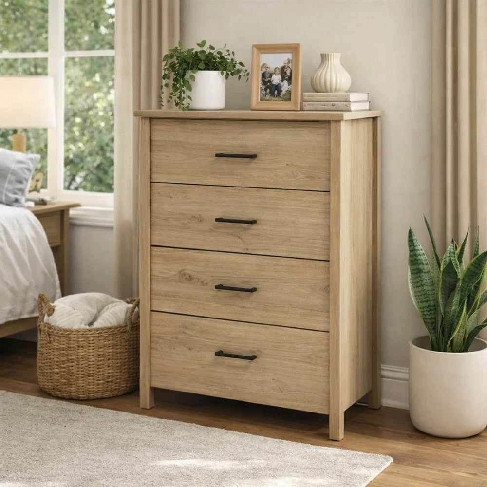 Kele Tall 4 Drawer Dresser Chest | Black Handles | Light Oak Brown Wood