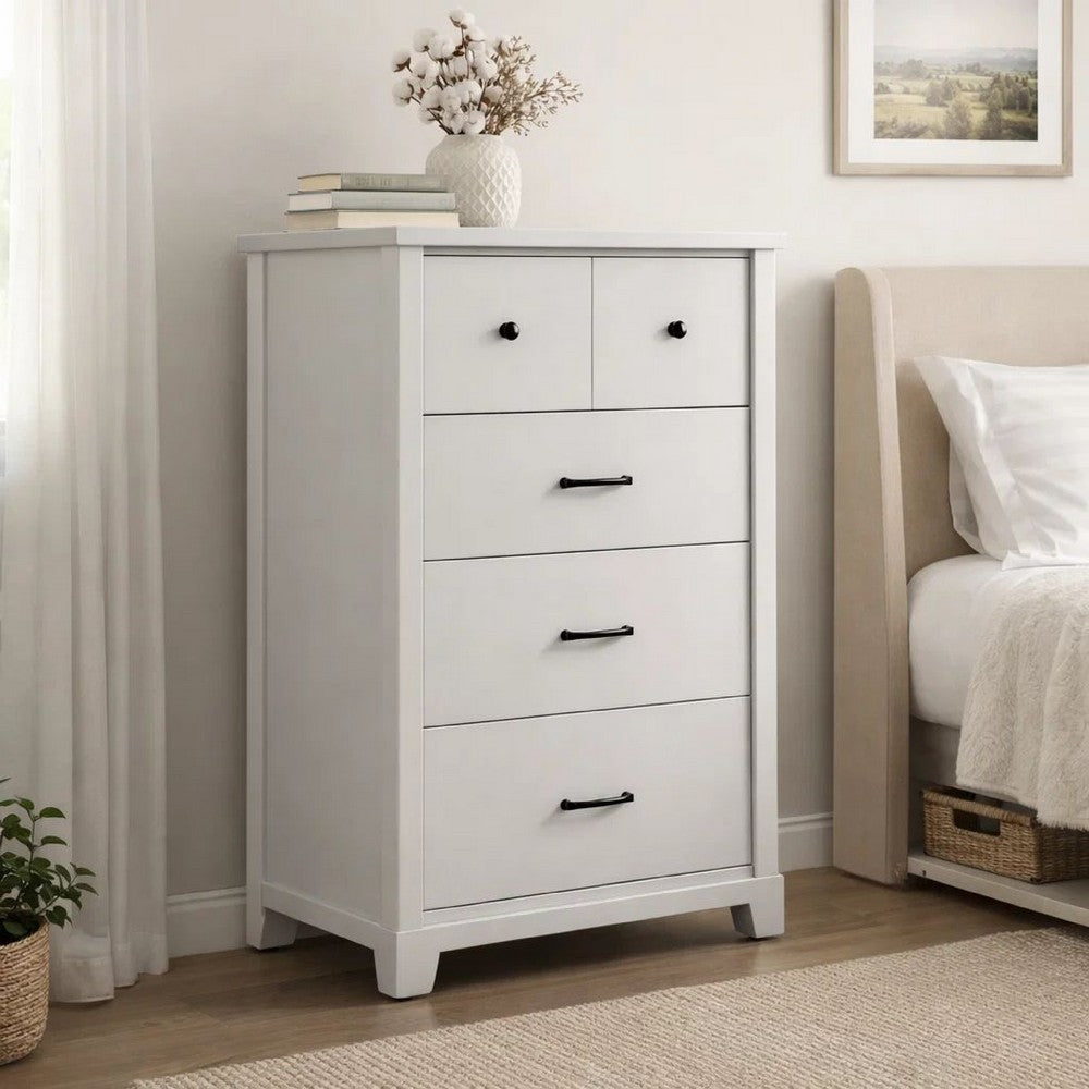 Lara 4 Drawer Tall Dresser Chest | Black Handles | White Faux Laminate