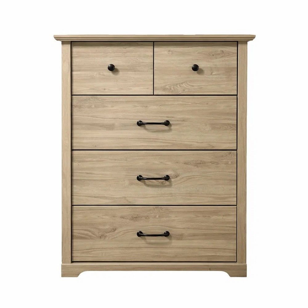 Lara Tall Dresser Chest | 4 Drawers | Black Handles | Light Oak Brown Wood