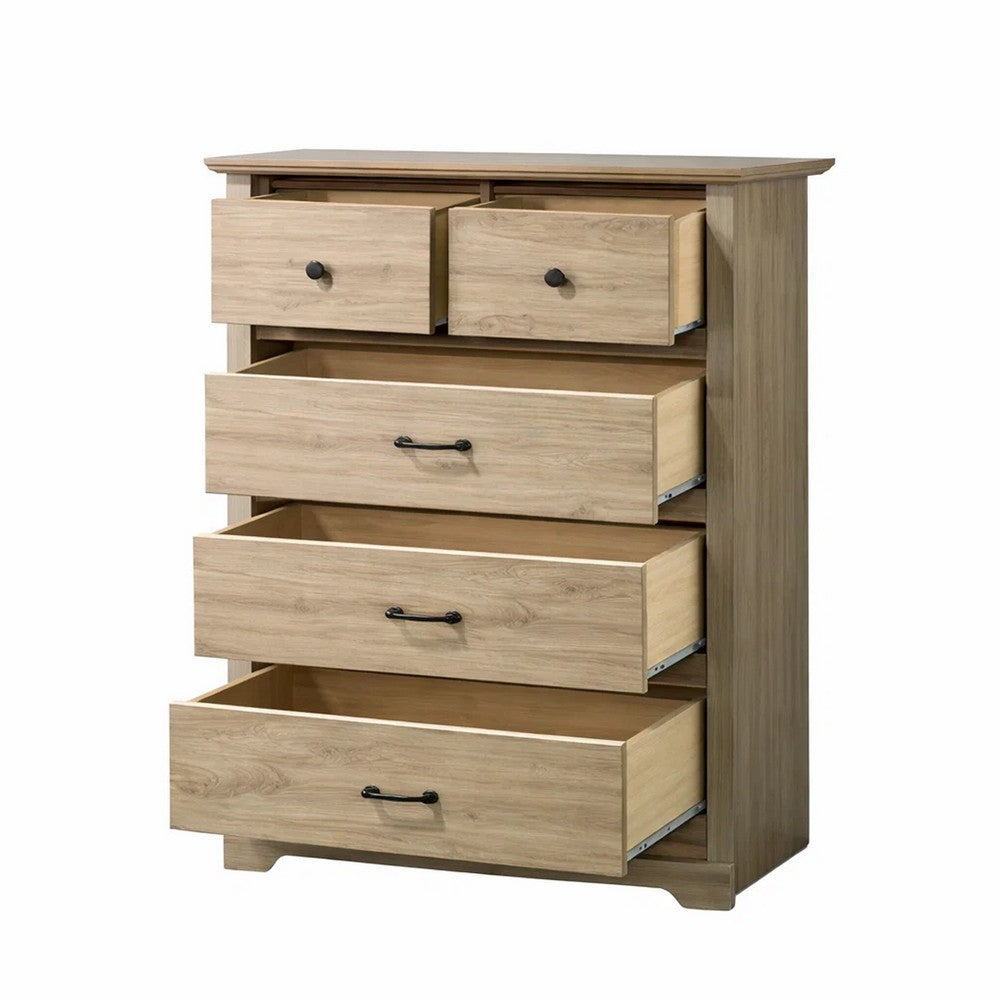 Lara Tall Dresser Chest | 4 Drawers | Black Handles | Light Oak Brown Wood
