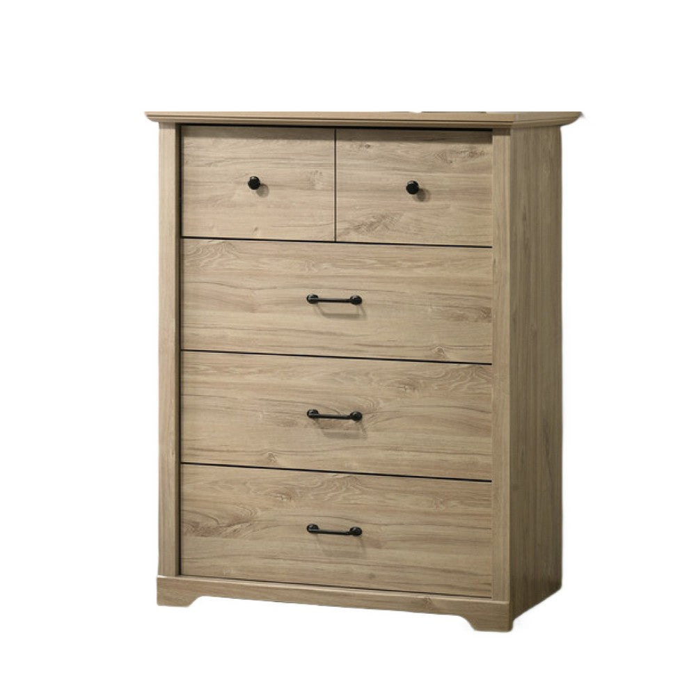 Lara Tall Dresser Chest | 4 Drawers | Black Handles | Light Oak Brown Wood