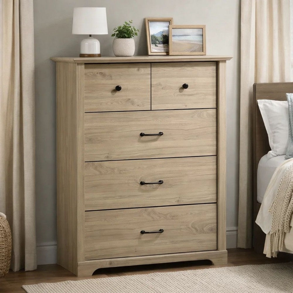 Lara Tall Dresser Chest | 4 Drawers | Black Handles | Light Oak Brown Wood