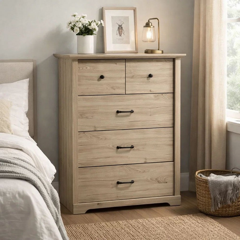 Lara Tall Dresser Chest | 4 Drawers | Black Handles | Light Oak Brown Wood