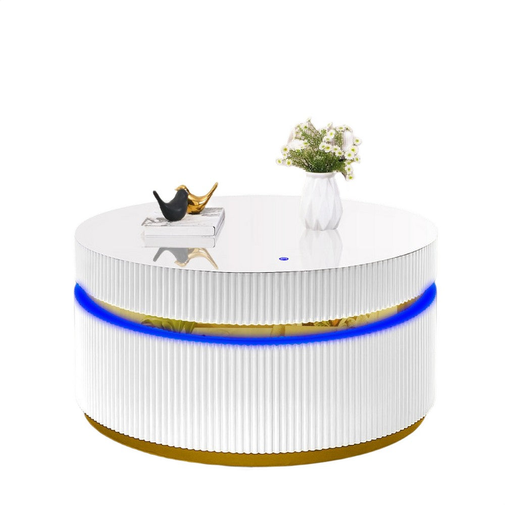 Tavi Coffee Table | 39" Round Glass Top & LED Lit Gold Brim | White