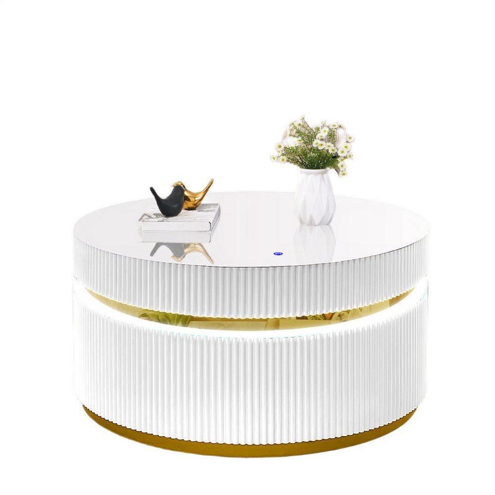Tavi Coffee Table | 39" Round Glass Top & LED Lit Gold Brim | White