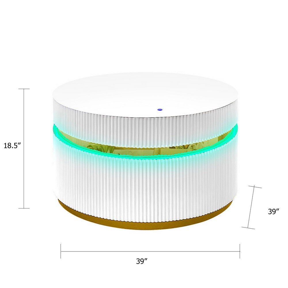 Tavi Coffee Table | 39" Round Glass Top & LED Lit Gold Brim | White