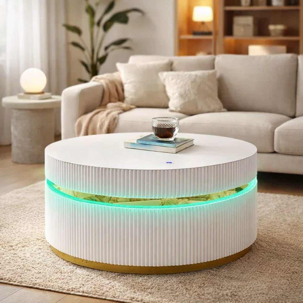 Tavi Coffee Table | 39" Round Glass Top & LED Lit Gold Brim | White