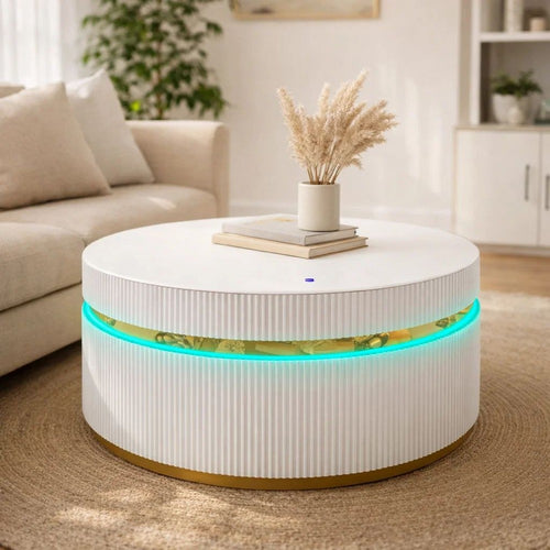 Tavi Coffee Table | 39" Round Glass Top & LED Lit Gold Brim | White