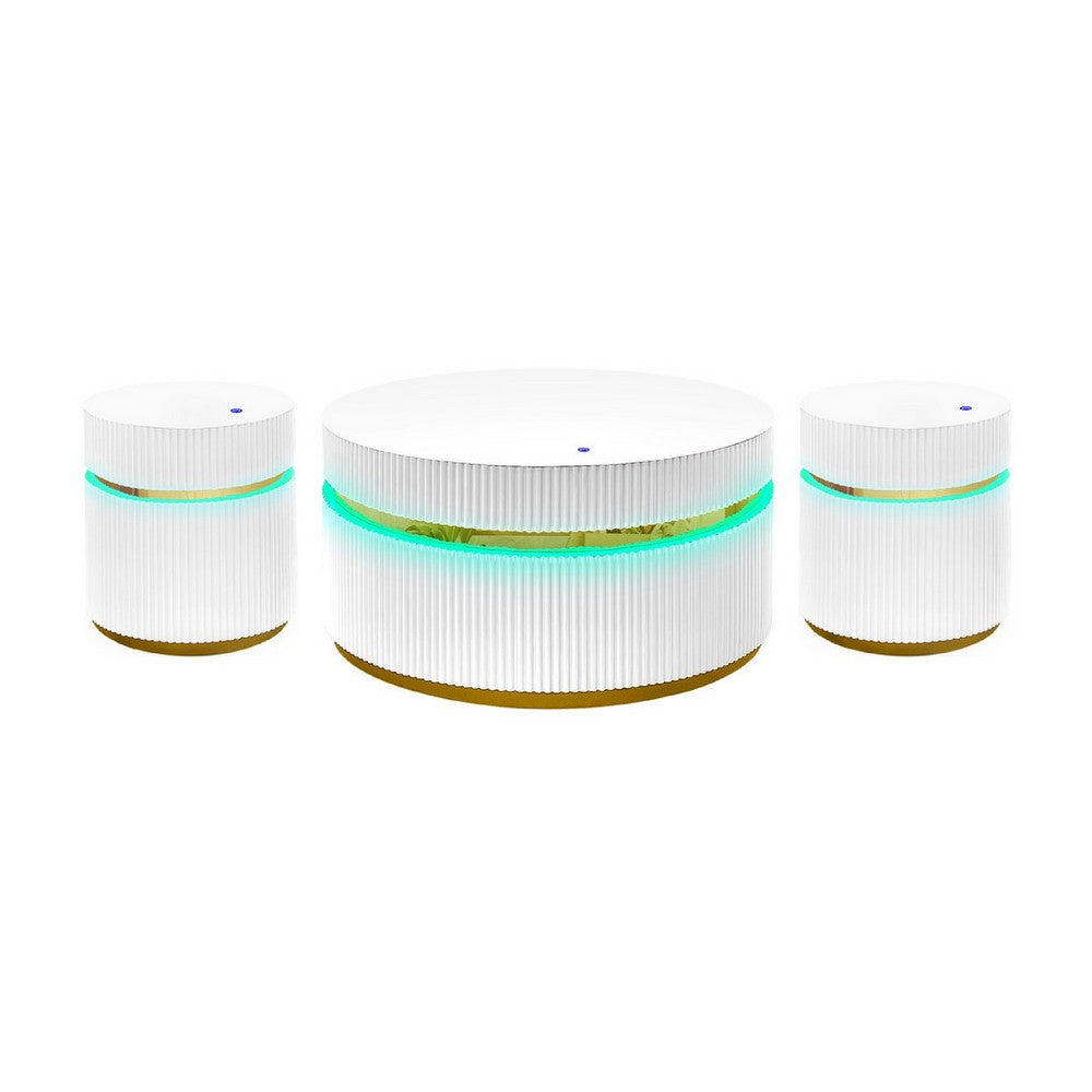 Tavi 3pc Coffee Table Set with 2 End Tables | Round Glass Top & LED | White