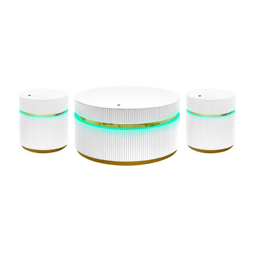 Tavi 3pc Coffee Table Set with 2 End Tables | Round Glass Top & LED | White