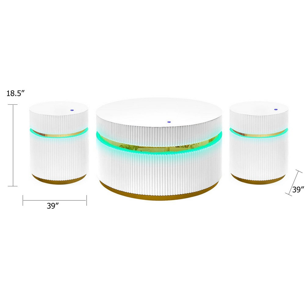Tavi 3pc Coffee Table Set with 2 End Tables | Round Glass Top & LED | White