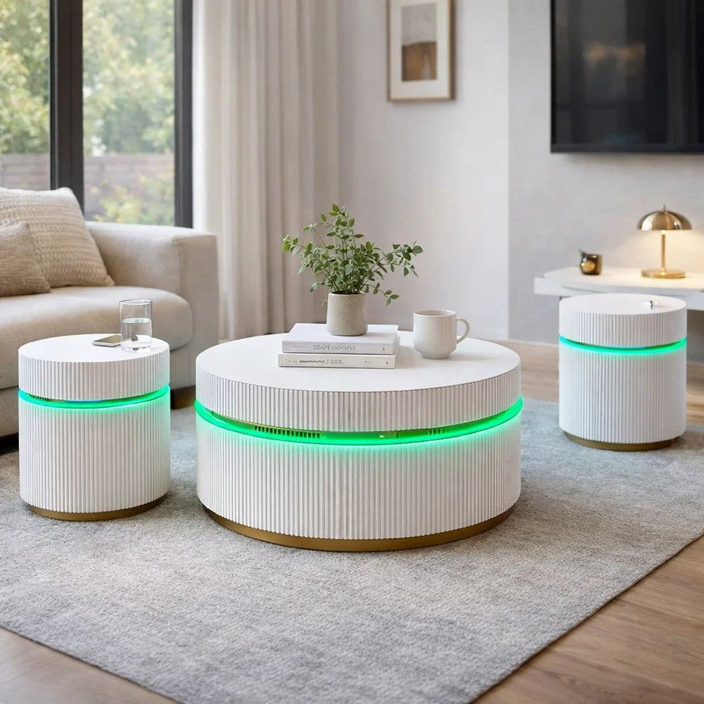 Tavi 3pc Coffee Table Set with 2 End Tables | Round Glass Top & LED | White