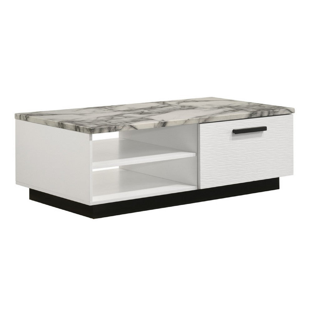 Sda Coffee Table | 47" Faux Marble Top | Drawer & 2 Shelves | White