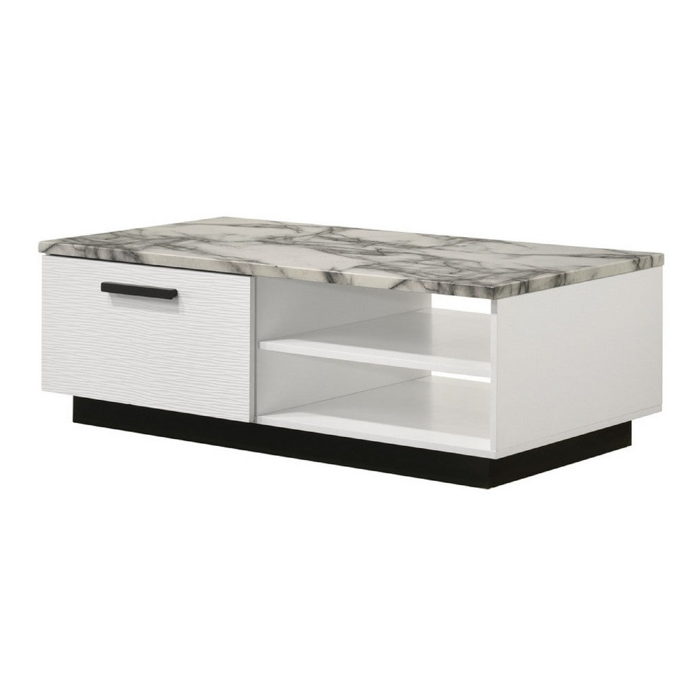 Sda Coffee Table | 47" Faux Marble Top | Drawer & 2 Shelves | White
