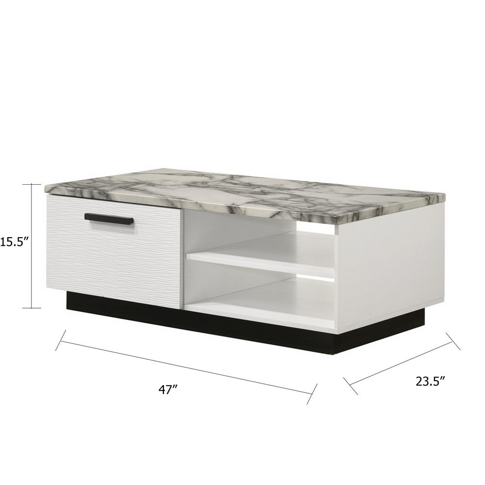 Sda Coffee Table | 47" Faux Marble Top | Drawer & 2 Shelves | White