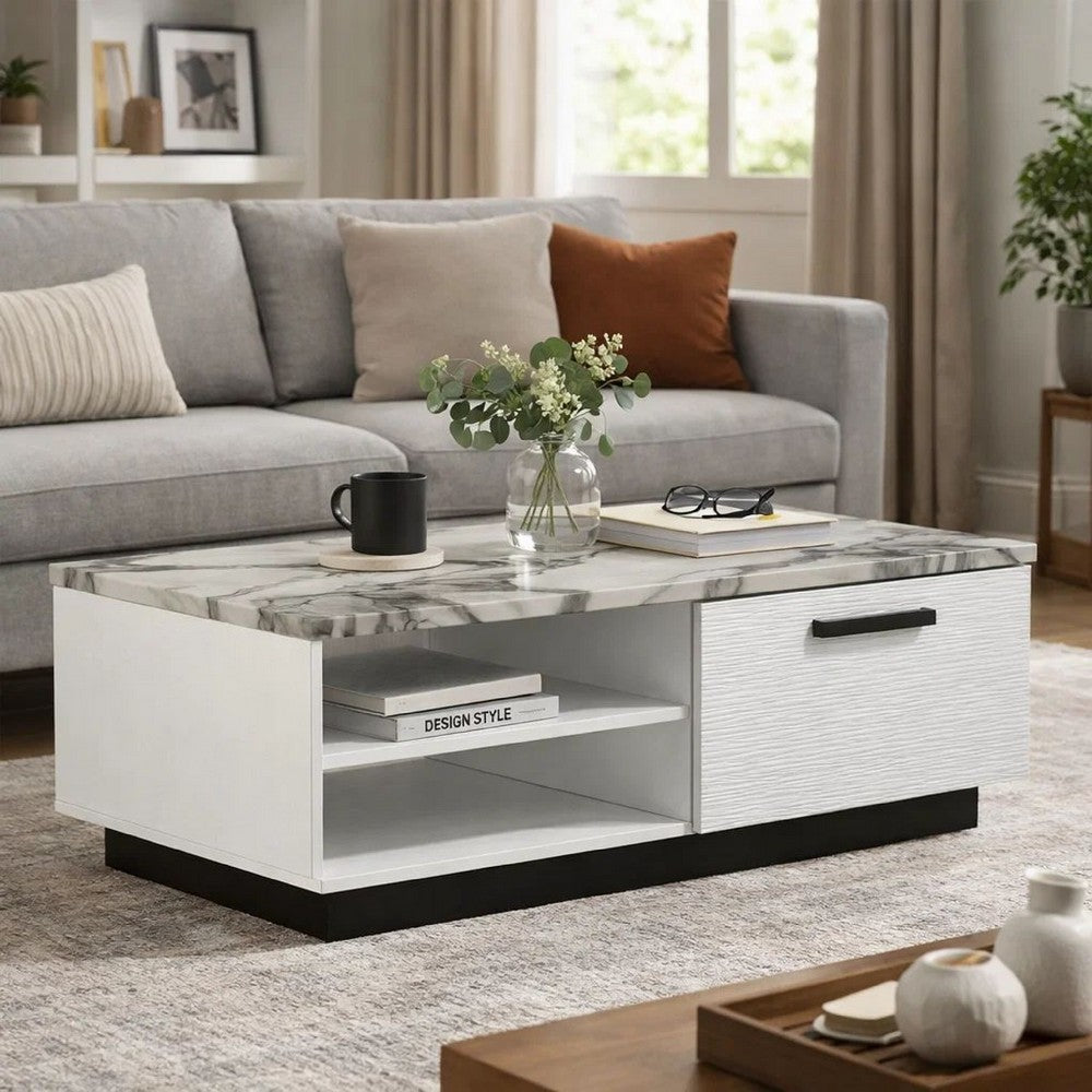 Sda Coffee Table | 47" Faux Marble Top | Drawer & 2 Shelves | White