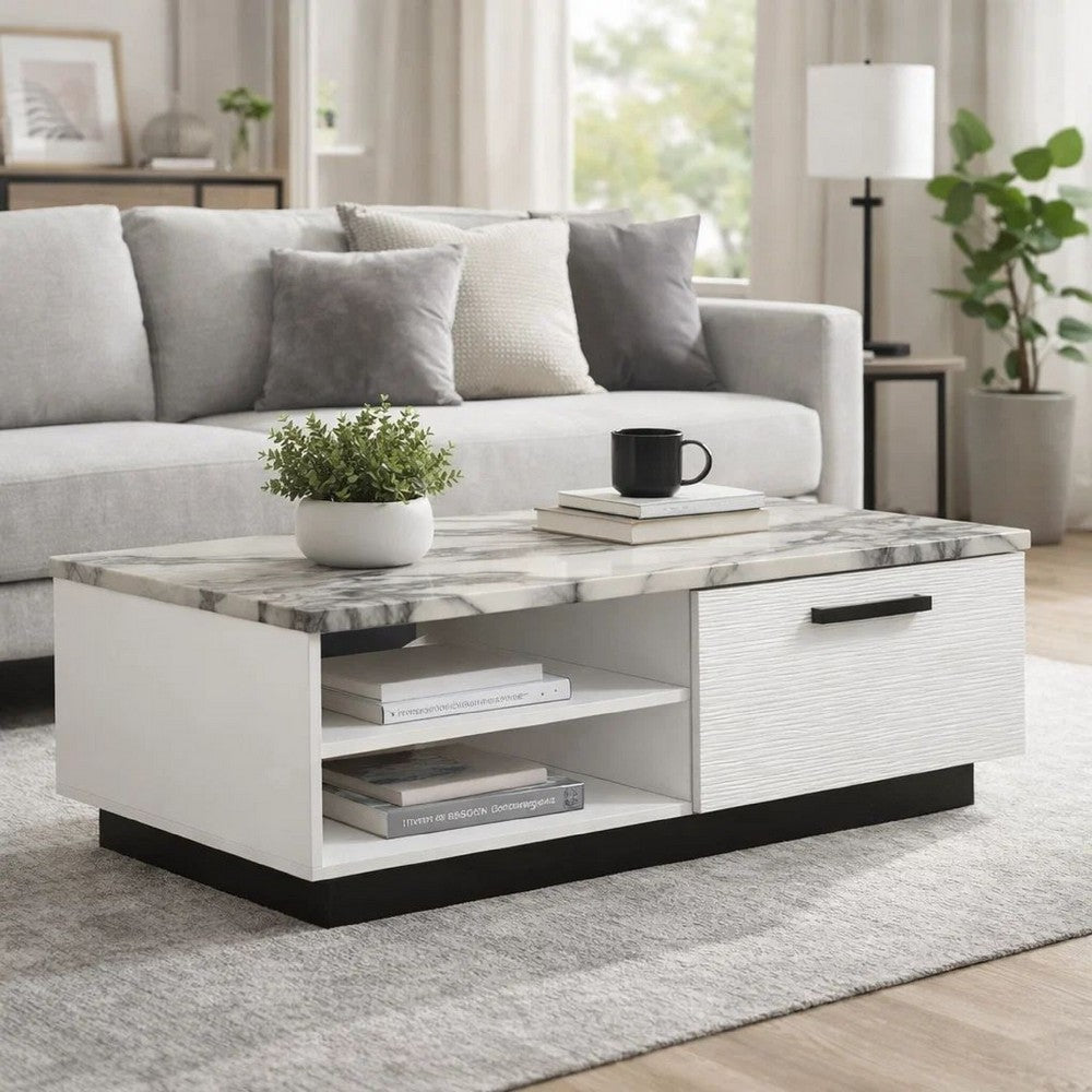 Sda Coffee Table | 47" Faux Marble Top | Drawer & 2 Shelves | White