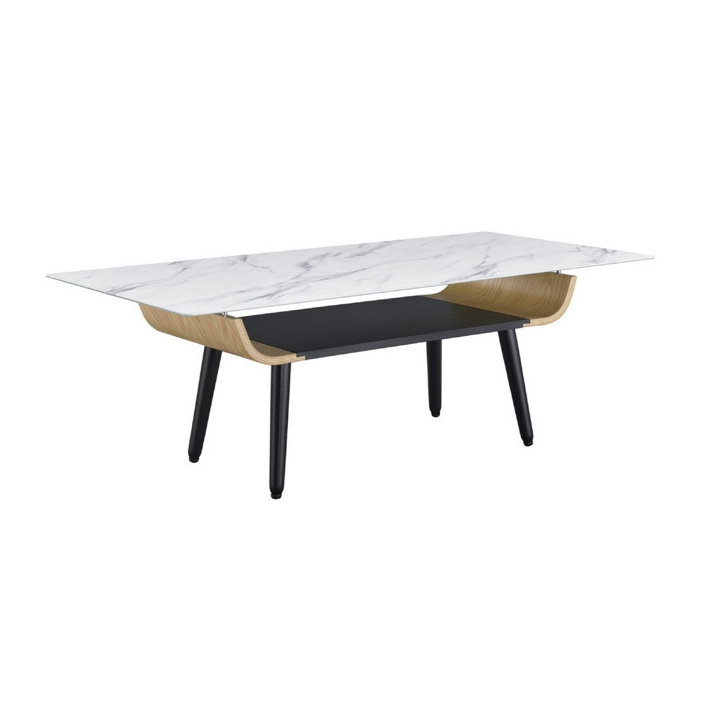 Nue Coffee Table | 47" 3D Printed Glass Marble | Curved Shelf | White