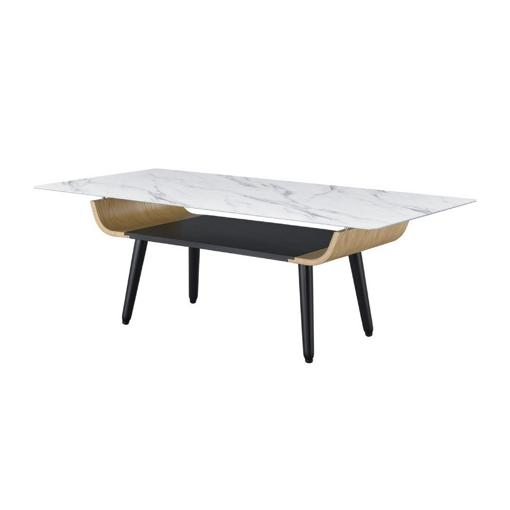 Nue Coffee Table | 47" 3D Printed Glass Marble | Curved Shelf | White