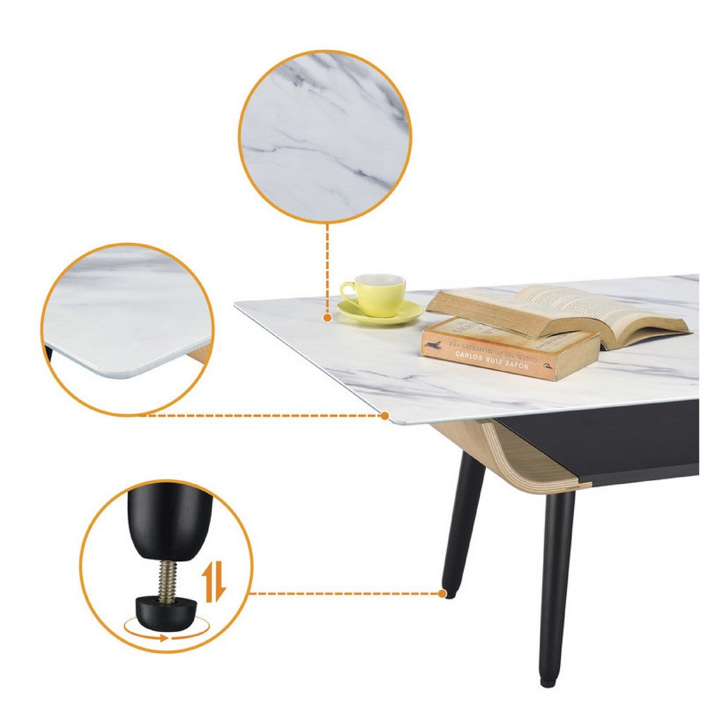Nue Coffee Table | 47" 3D Printed Glass Marble | Curved Shelf | White