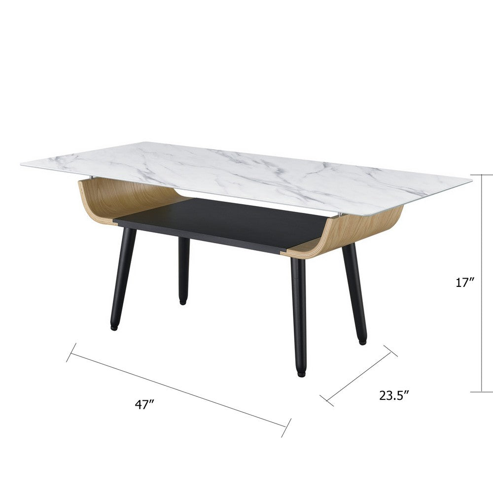 Nue Coffee Table | 47" 3D Printed Glass Marble | Curved Shelf | White