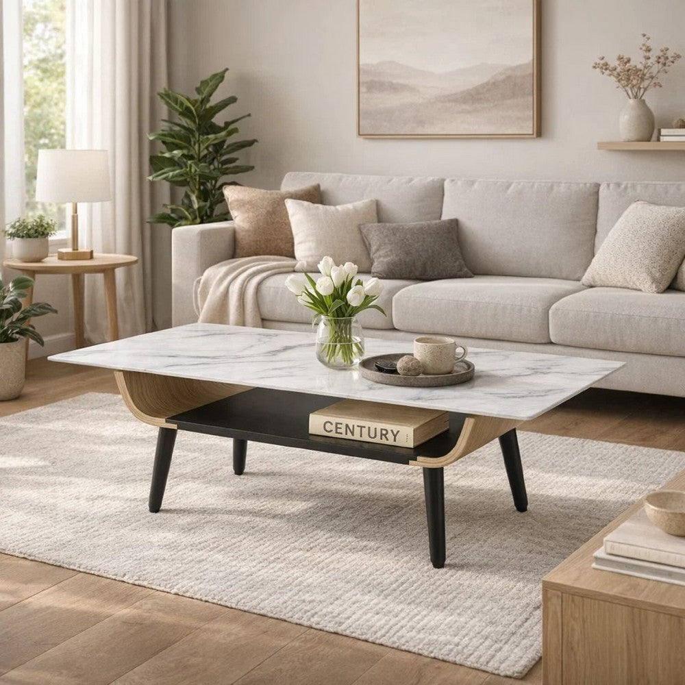 Nue Coffee Table | 47" 3D Printed Glass Marble | Curved Shelf | White