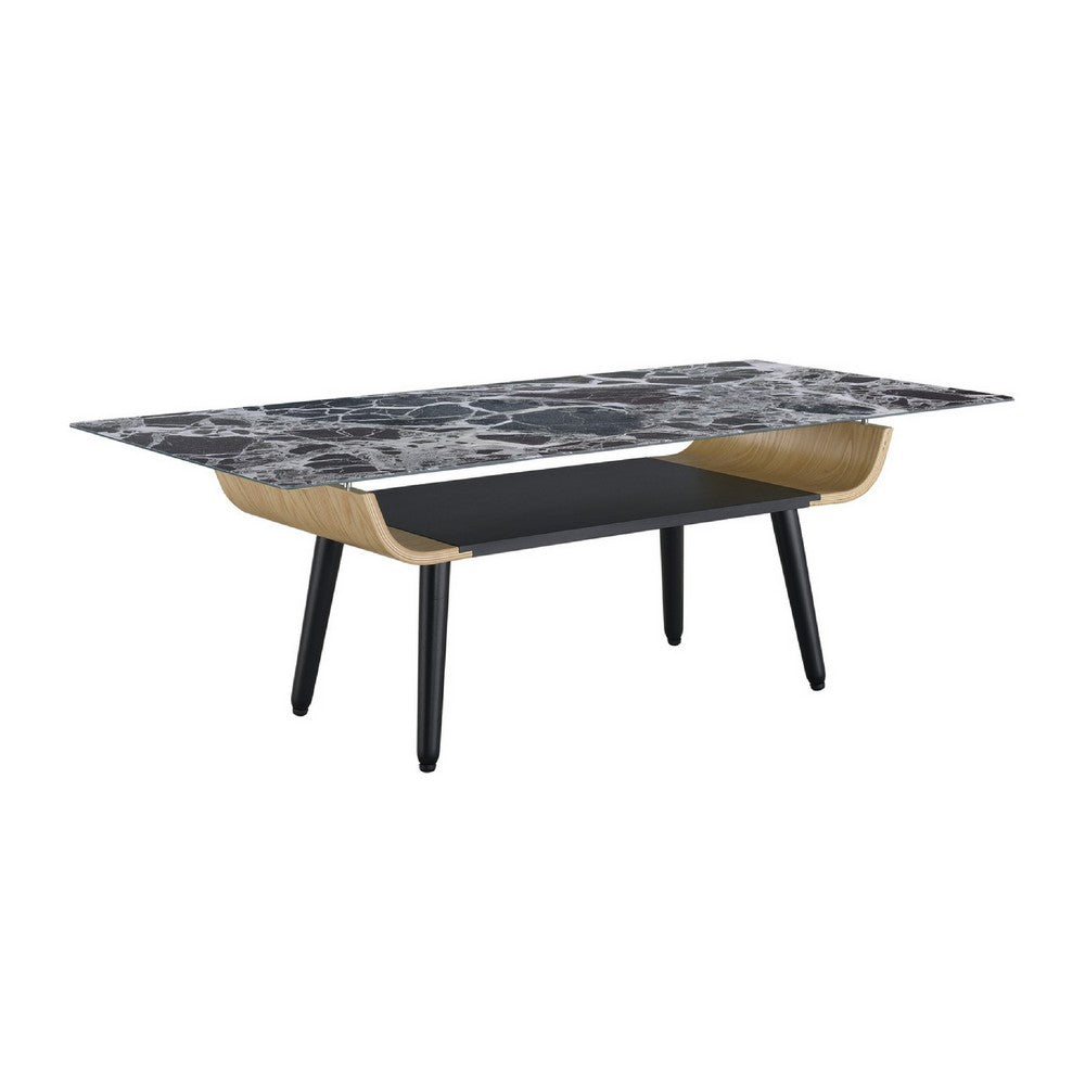 Nue Coffee Table | 47" 3D Printed Glass Marble | Curved Shelf | Black