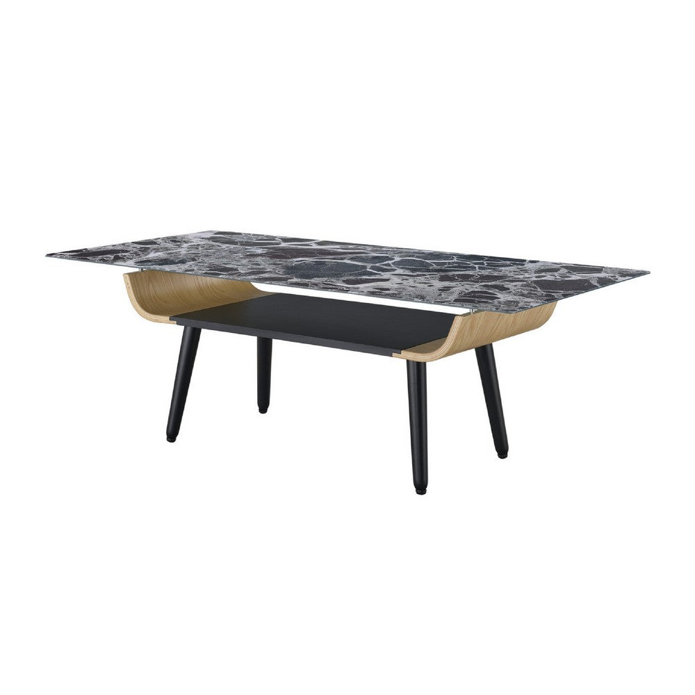 Nue Coffee Table | 47" 3D Printed Glass Marble | Curved Shelf | Black