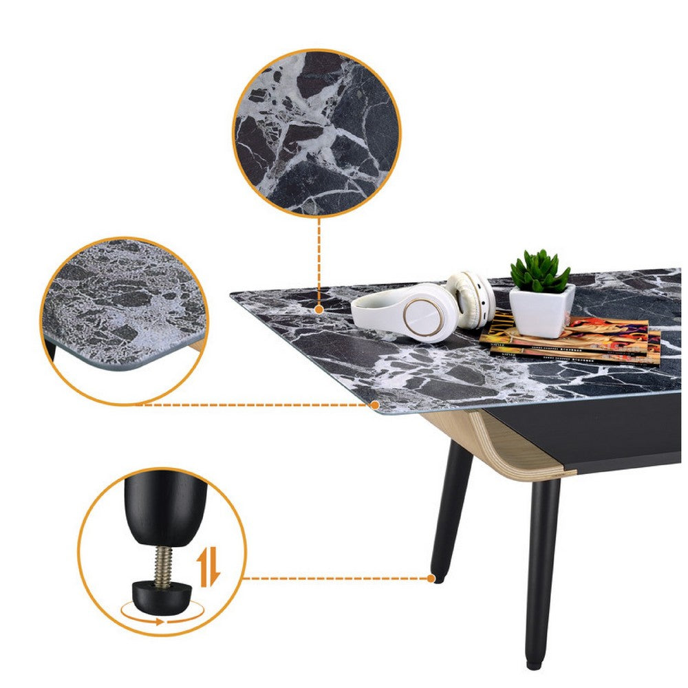 Nue Coffee Table | 47" 3D Printed Glass Marble | Curved Shelf | Black