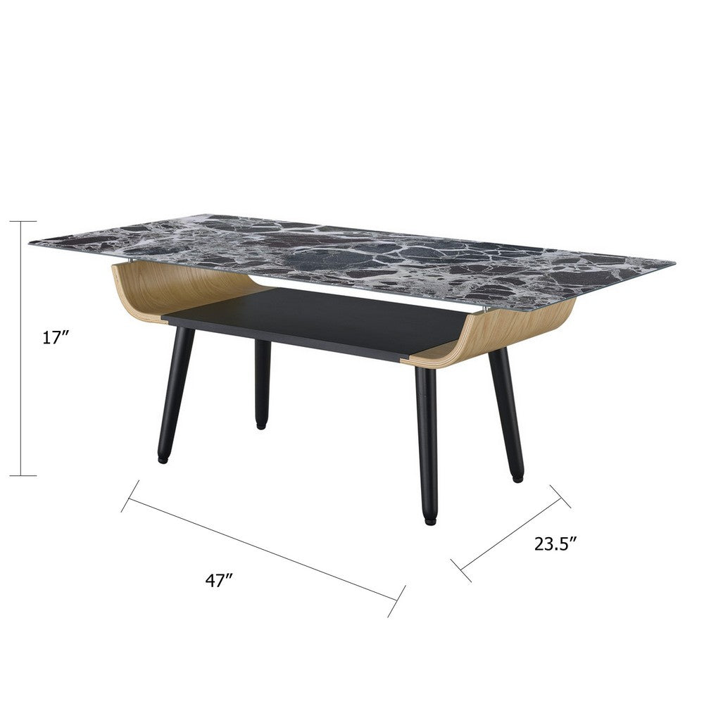 Nue Coffee Table | 47" 3D Printed Glass Marble | Curved Shelf | Black