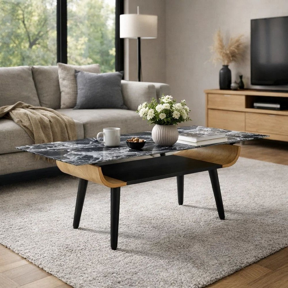 Nue Coffee Table | 47" 3D Printed Glass Marble | Curved Shelf | Black