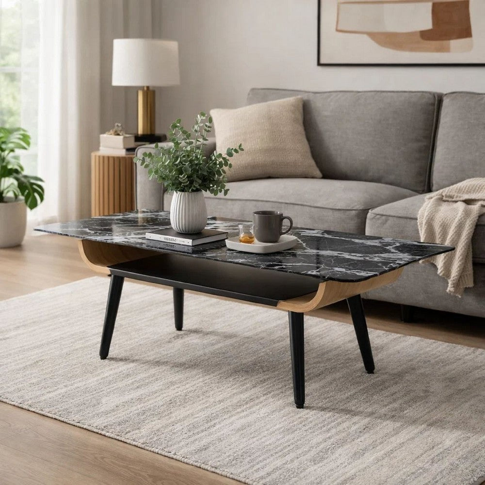 Nue Coffee Table | 47" 3D Printed Glass Marble | Curved Shelf | Black