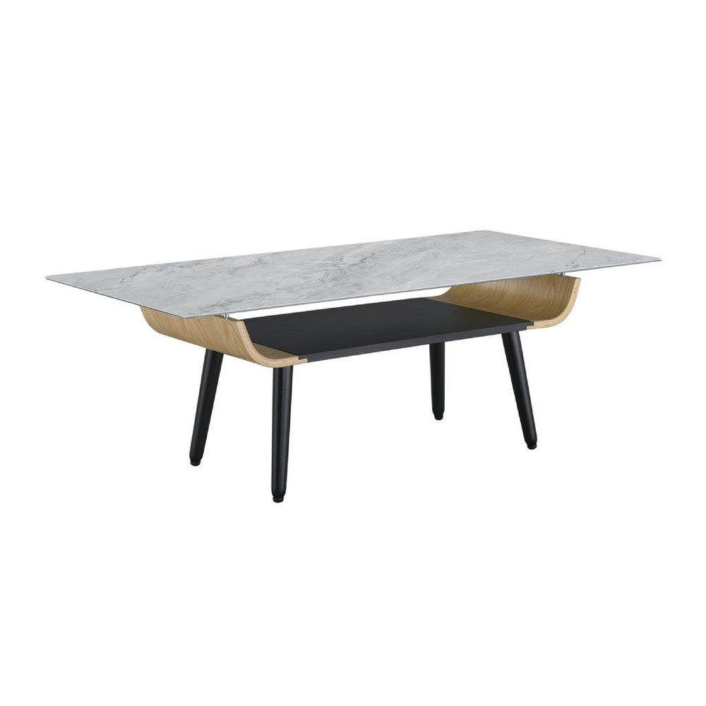 Nue Coffee Table | 47" 3D Printed Glass Marble | Curved Shelf | Gray