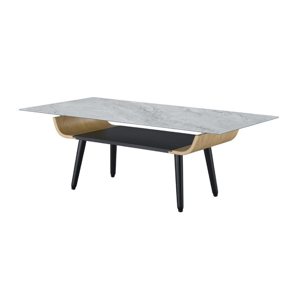 Nue Coffee Table | 47" 3D Printed Glass Marble | Curved Shelf | Gray