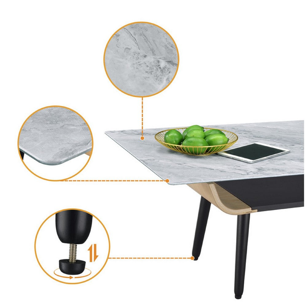 Nue Coffee Table | 47" 3D Printed Glass Marble | Curved Shelf | Gray