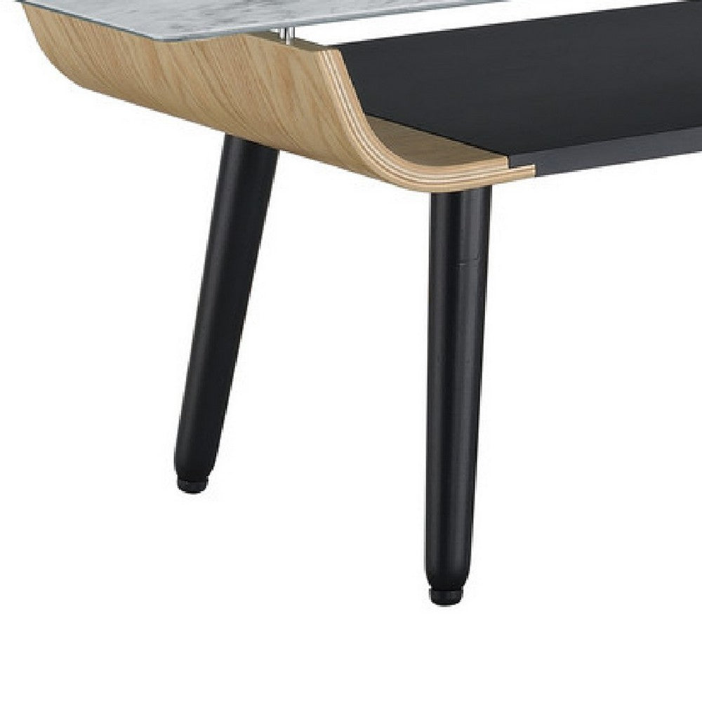 Nue Coffee Table | 47" 3D Printed Glass Marble | Curved Shelf | Gray