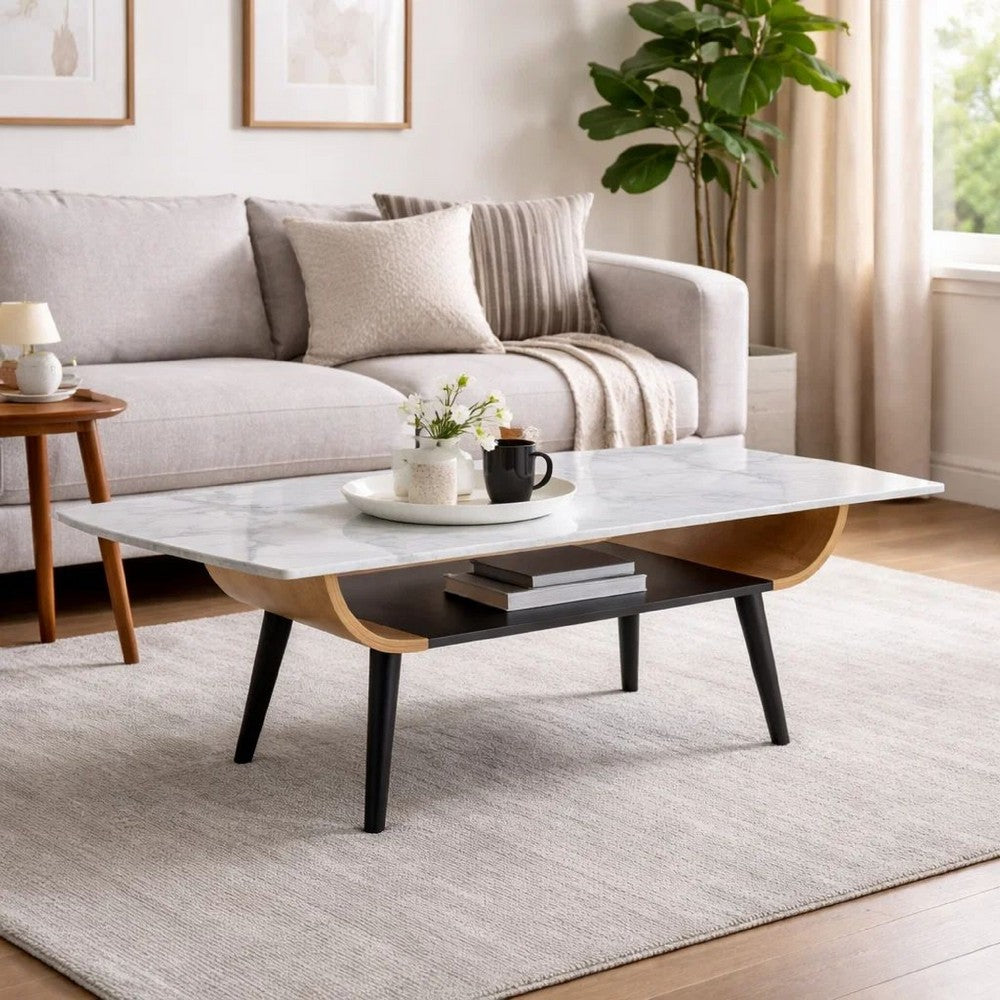 Nue Coffee Table | 47" 3D Printed Glass Marble | Curved Shelf | Gray