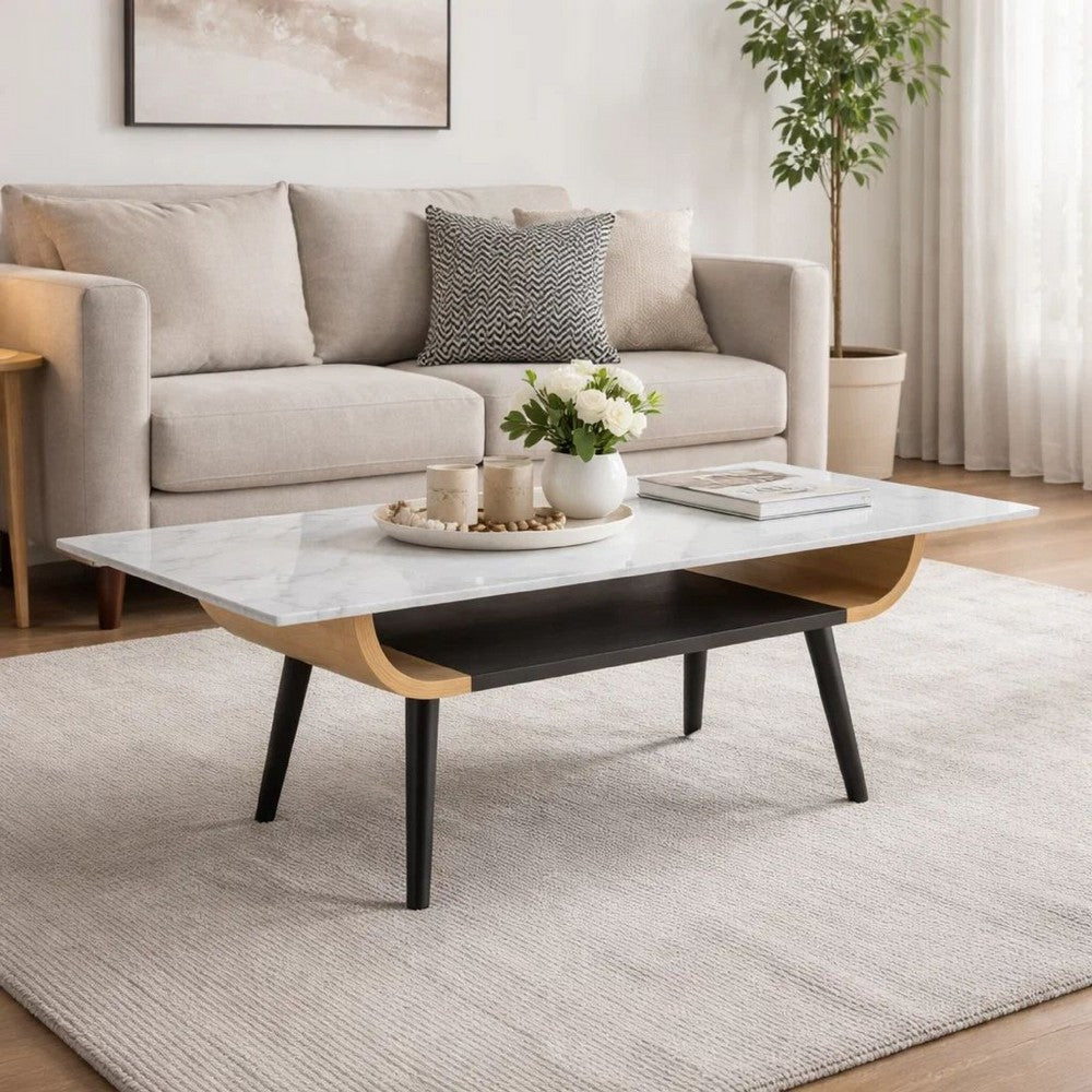 Nue Coffee Table | 47" 3D Printed Glass Marble | Curved Shelf | Gray