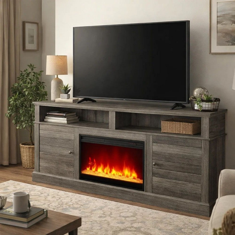 Rera TV Stand Media Cabinet Electric Fireplace Heater | 70" Walnut Gray