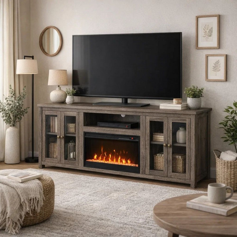 Tony Electric Fireplace TV Stand | Heater | Glass Doors | 70" Walnut Gray