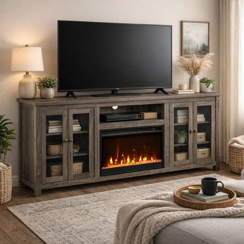 Tony Electric Fireplace TV Stand | Heater | Glass Doors | 70" Walnut Gray