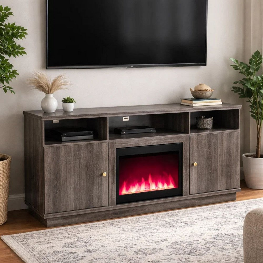 Ambi Electric Fireplace TV Stand Cabinet | Heater | 2 Door | 70" Wood Gray