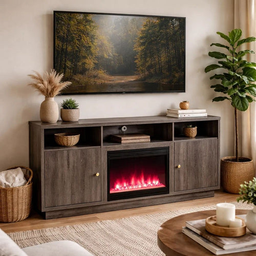 Ambi Electric Fireplace TV Stand Cabinet | Heater | 2 Door | 70" Wood Gray