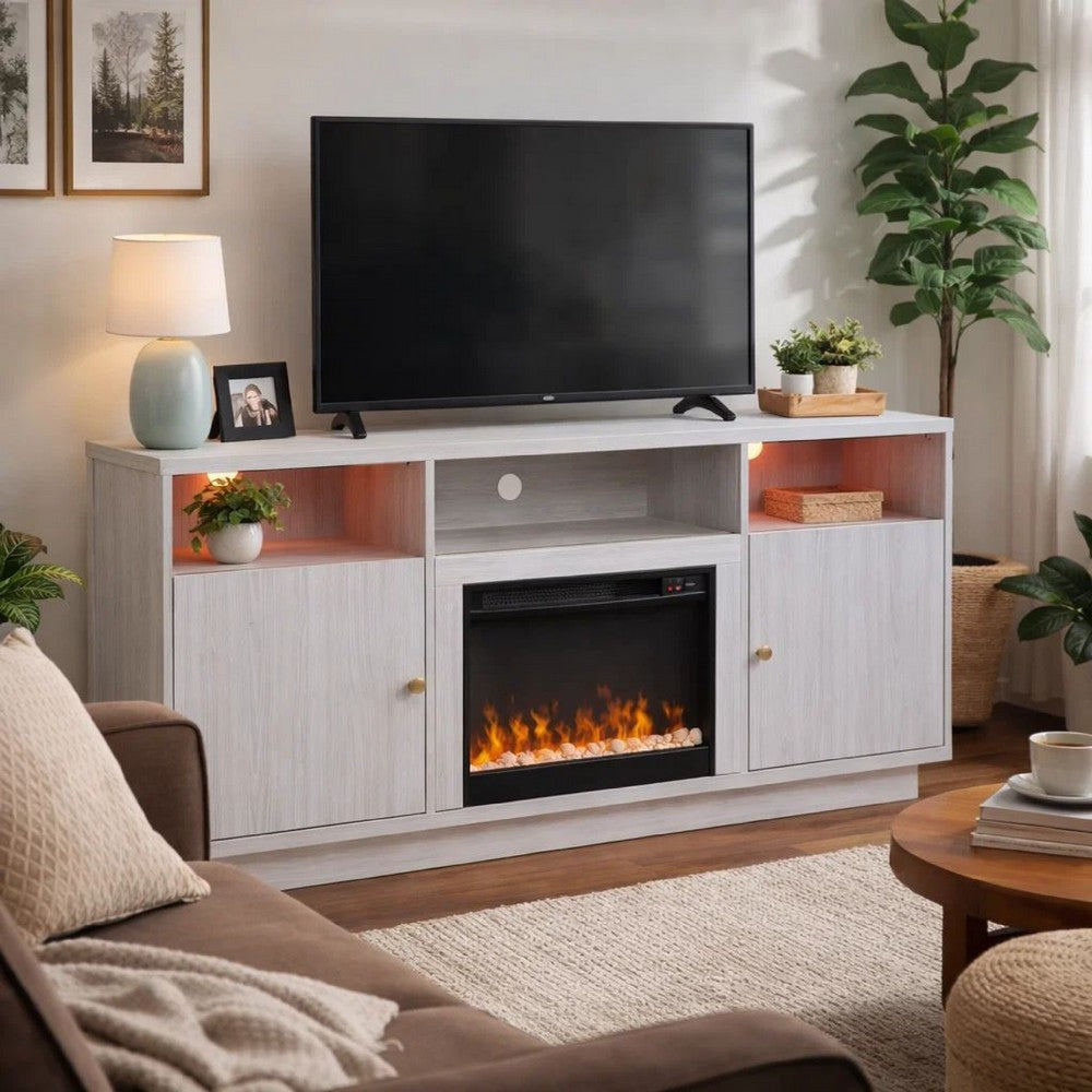 Ambi TV Stand Cabinet with Electric Heating Fireplace | 70" Walnut White